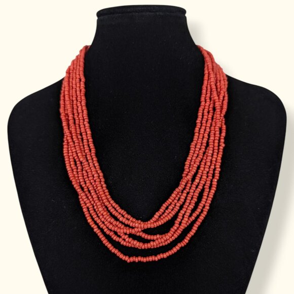 7-Strand Coral Tone Seed Bead Necklace - Picture 1 of 5